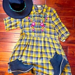 Mustard plaid embroidery button dress by Oddi